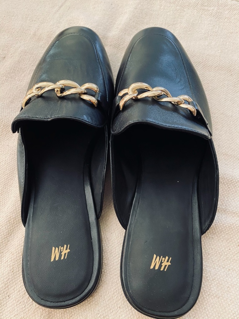 H&M Black Slip-On Loafers with Gold Chain Accent
